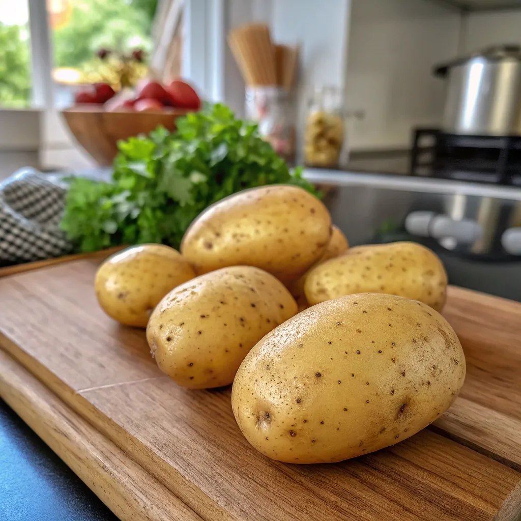 Fresh lower carb potatoes arranged on a wooden kitchen counter