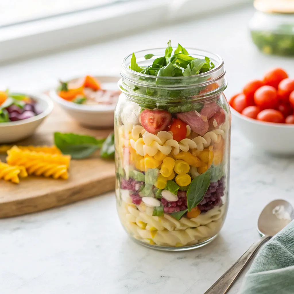 mason jar pasta salad layered with veggies and pasta