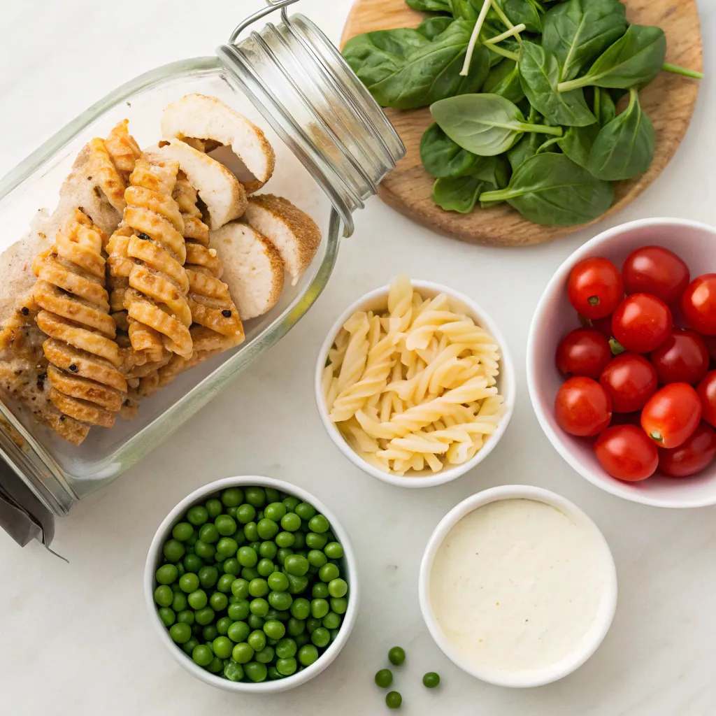 Delicious Mason Jar Pasta Salad Combos You Will Love 11 ingredients for mason jar pasta salad arranged on a table