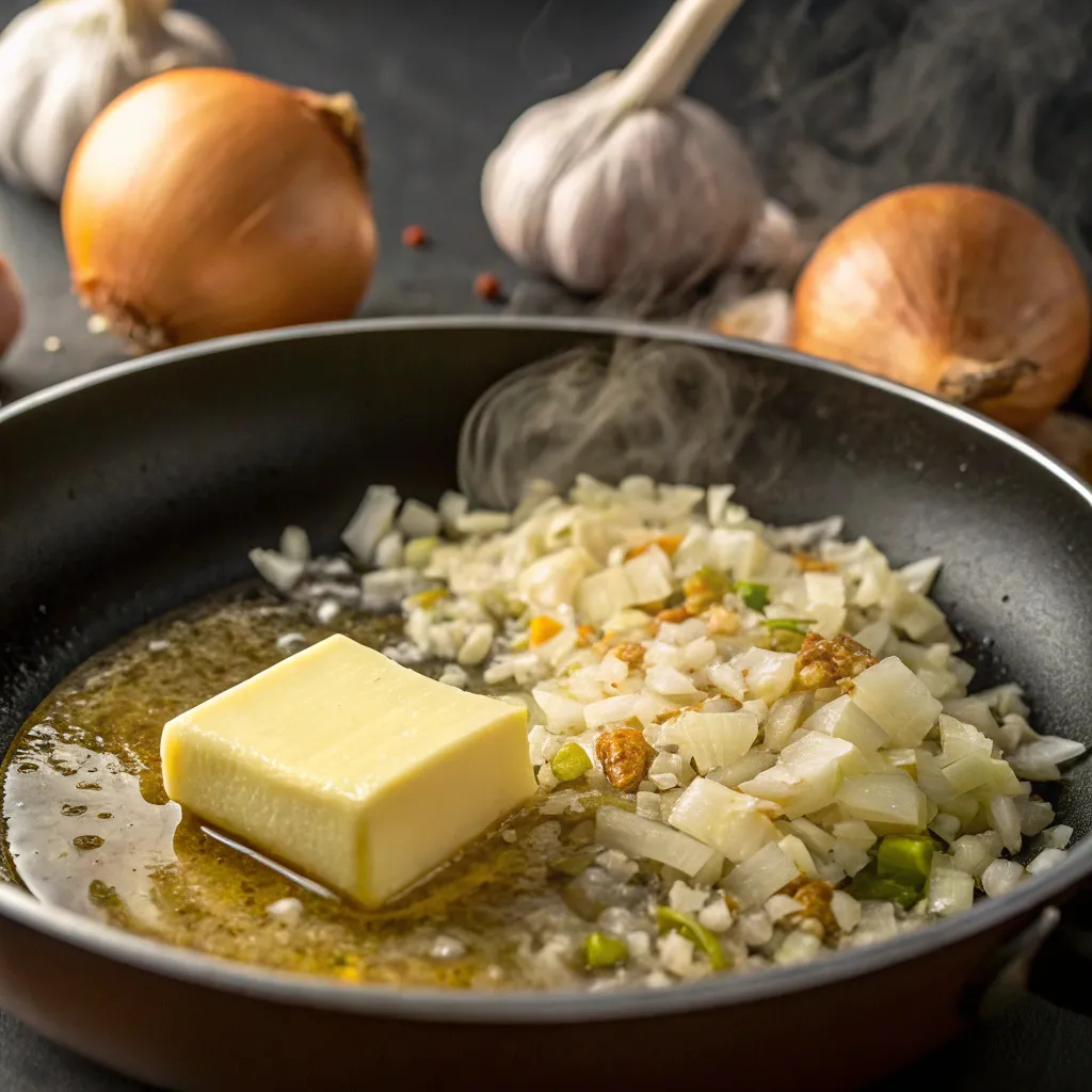 TikTok Egg Boil That Brings New Life To Meal Prep 7 Garlic and onion sizzling in butter for egg boil