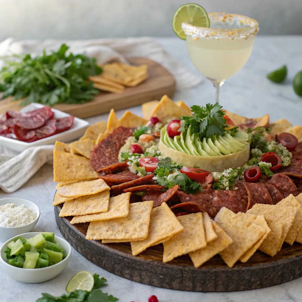 Nacho table loaded with colorful toppings
