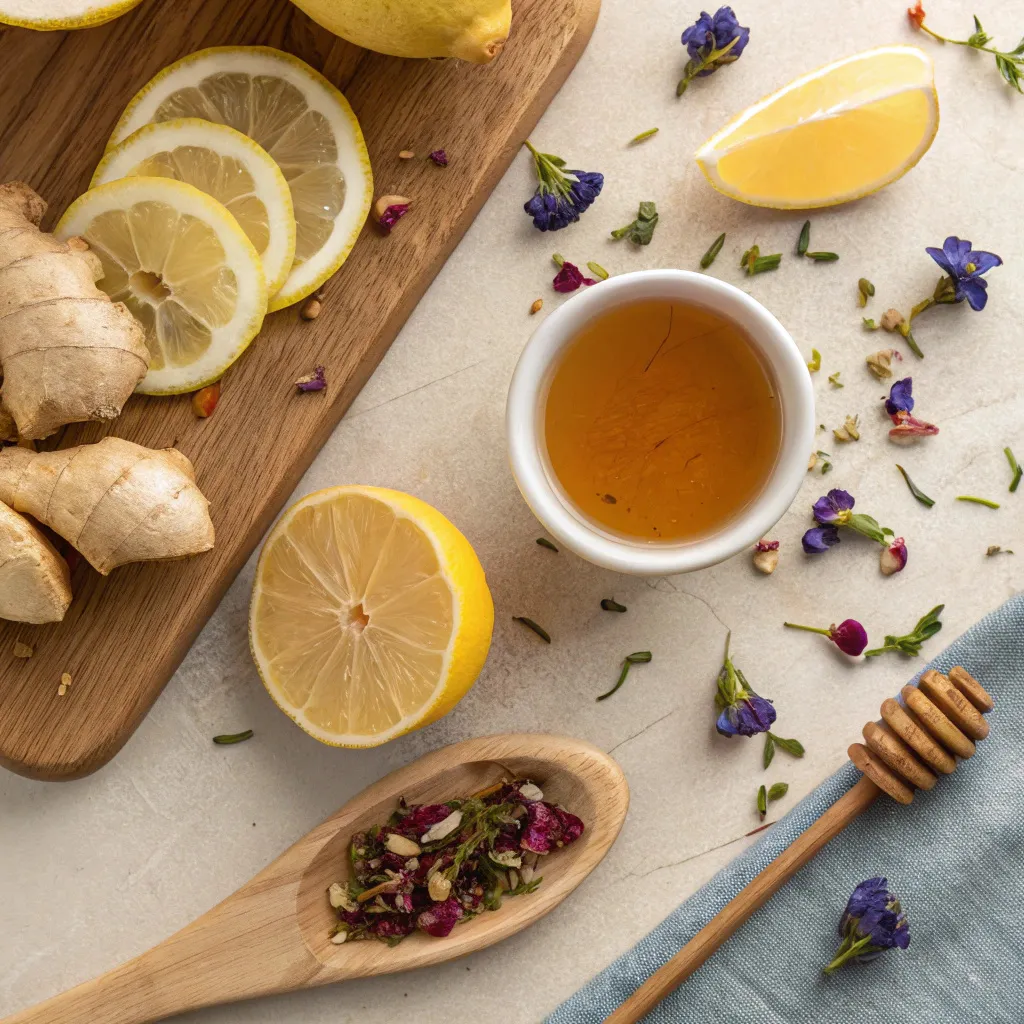 Natural Mounjaro Recipe for Weight Loss (The Best 4-Ingredient Homemade Brazilian Drink) 11 Natural Mounjaro Recipe for Weight Loss flat lay with lemon, ginger, and apple cider vinegar