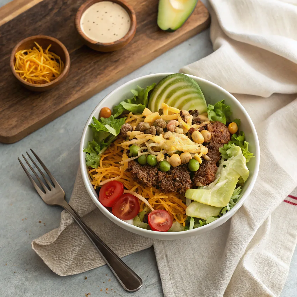 Big Mac Salad: How to Make the #1 Best Keto Meal 8 Big Mac Salad served in small bowls with toppings
