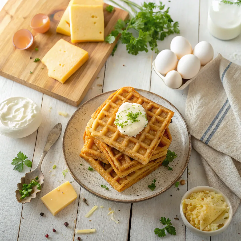 Cheese waffles served on a wooden plate with toppings
