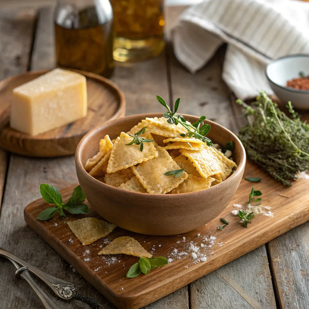 Pasta chips in bowl on rustic table