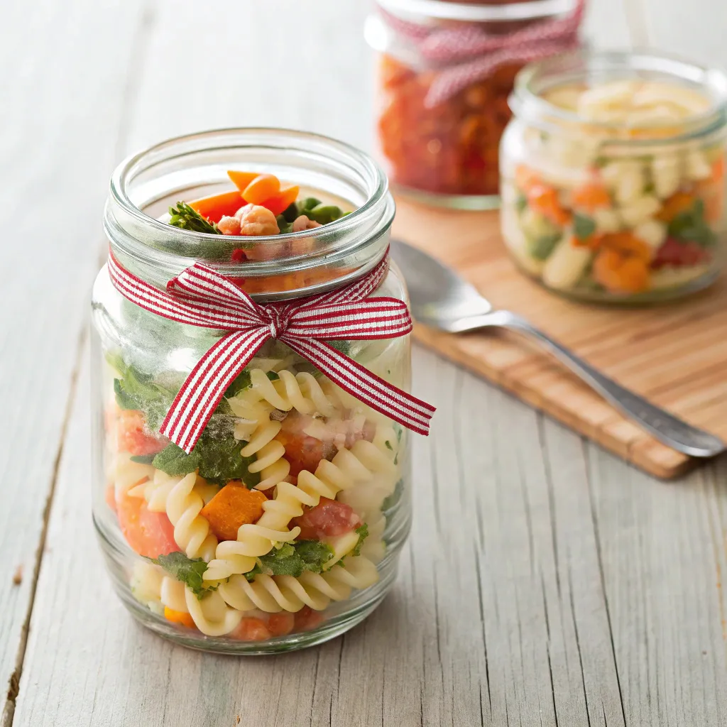 Delicious Mason Jar Pasta Salad Combos You Will Love 9 pasta in a jar gift with label and ribbon