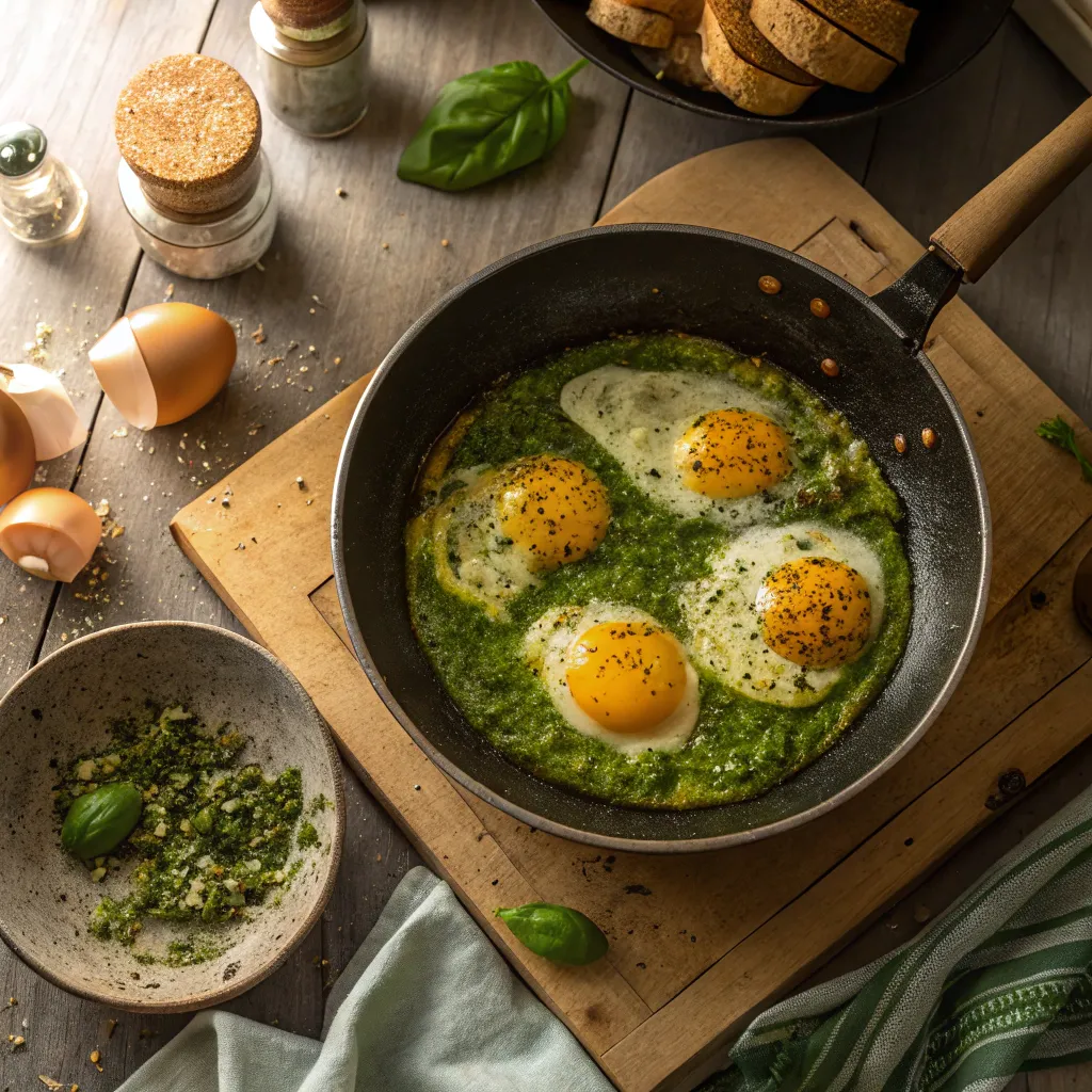 Pesto Eggs: How to Make the 1 Viral TikTok Recipe 10 pesto eggs frying in a skillet