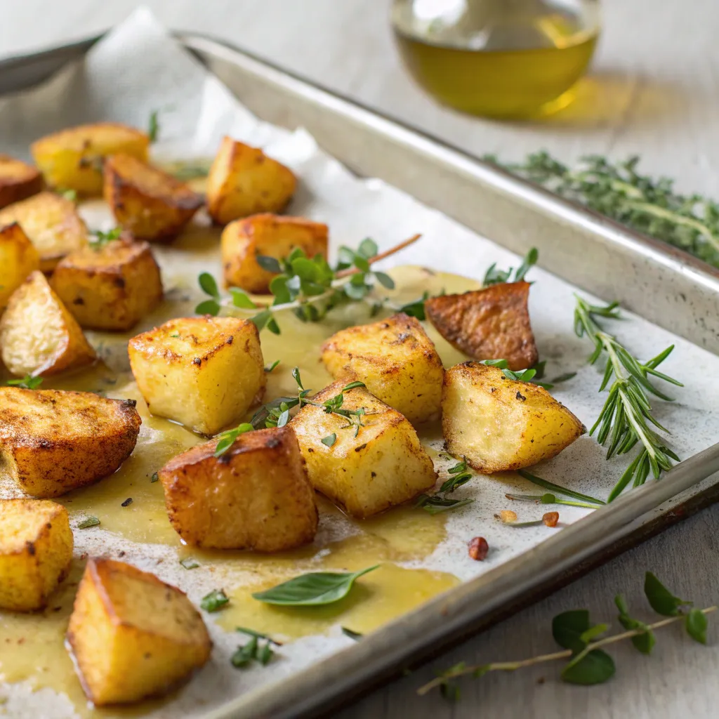 Lower Carb Potatoes: Top-Rated Recipes & Low-Carb Potato Alternatives You’ll Love 12 Roasted lower carb potatoes on a baking tray with herbs