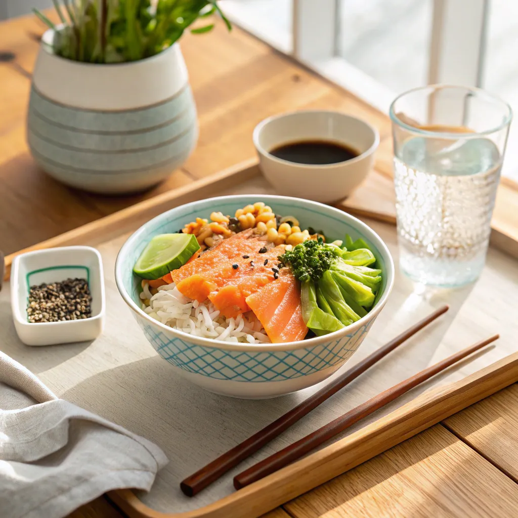 Salmon Rice Bowl: How to Make the 1 Viral TikTok Recipe 9 salmon rice bowl served on a wooden table with