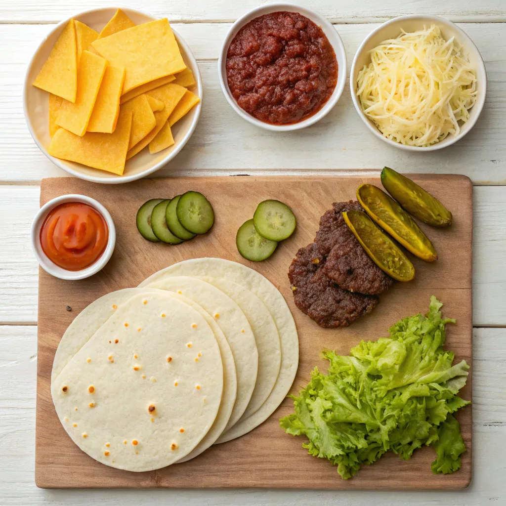 Smash Burger Tacos Recipe: Quick, Juicy & Crispy in Minutes 7 smash burger taco ingredients laid out