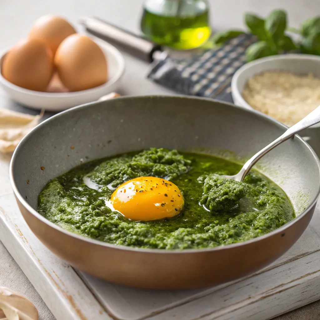 Pesto Eggs: How to Make the 1 Viral TikTok Recipe 7 heating pesto in skillet for pesto eggs