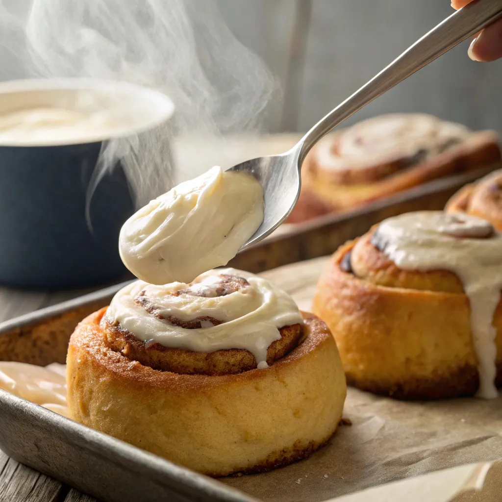 Freshly baked keto cinnamon roll with sugar-free cream cheese frosting