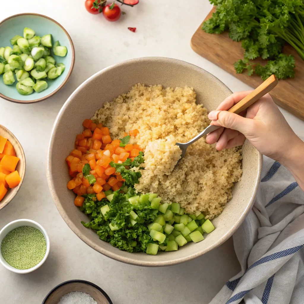 Jennifer Aniston Salad: How to Make It in 3 Easy Steps 9 Mixing Jennifer Aniston Salad in a bowl