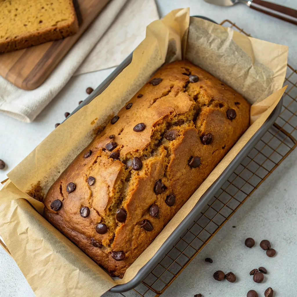 Pumpkin Chocolate Chip Bread: How To Bake 1 Perfect Loaf 7 Half slice of pumpkin bread beside a cup of coffee