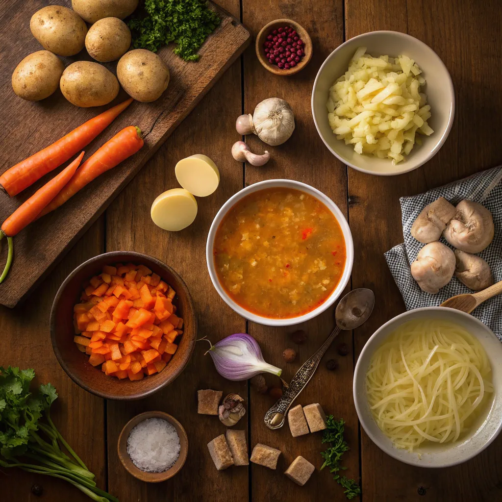 soup recipes: how to make a meal in under 30 minutes 6 Overhead rustic table of soup ingredients potatoes carrots onions chicken noodles