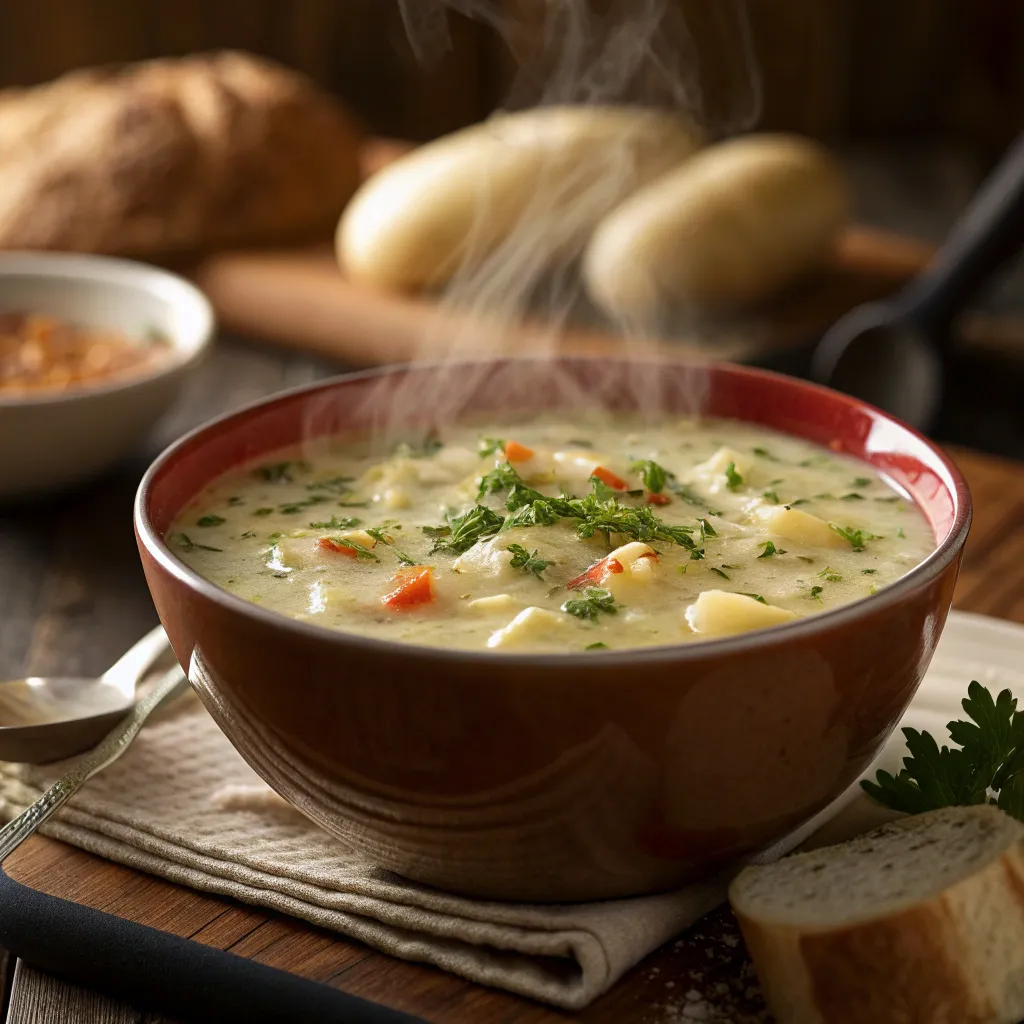 soup recipes: how to make a meal in under 30 minutes 5 Steaming creamy potato soup close up shot with vibrant herbs Soup recipes