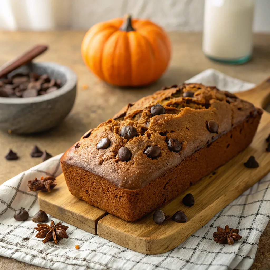 Pumpkin Chocolate Chip Bread: How To Bake 1 Perfect Loaf 6 Sliced pumpkin bread on rustic table with blurred background