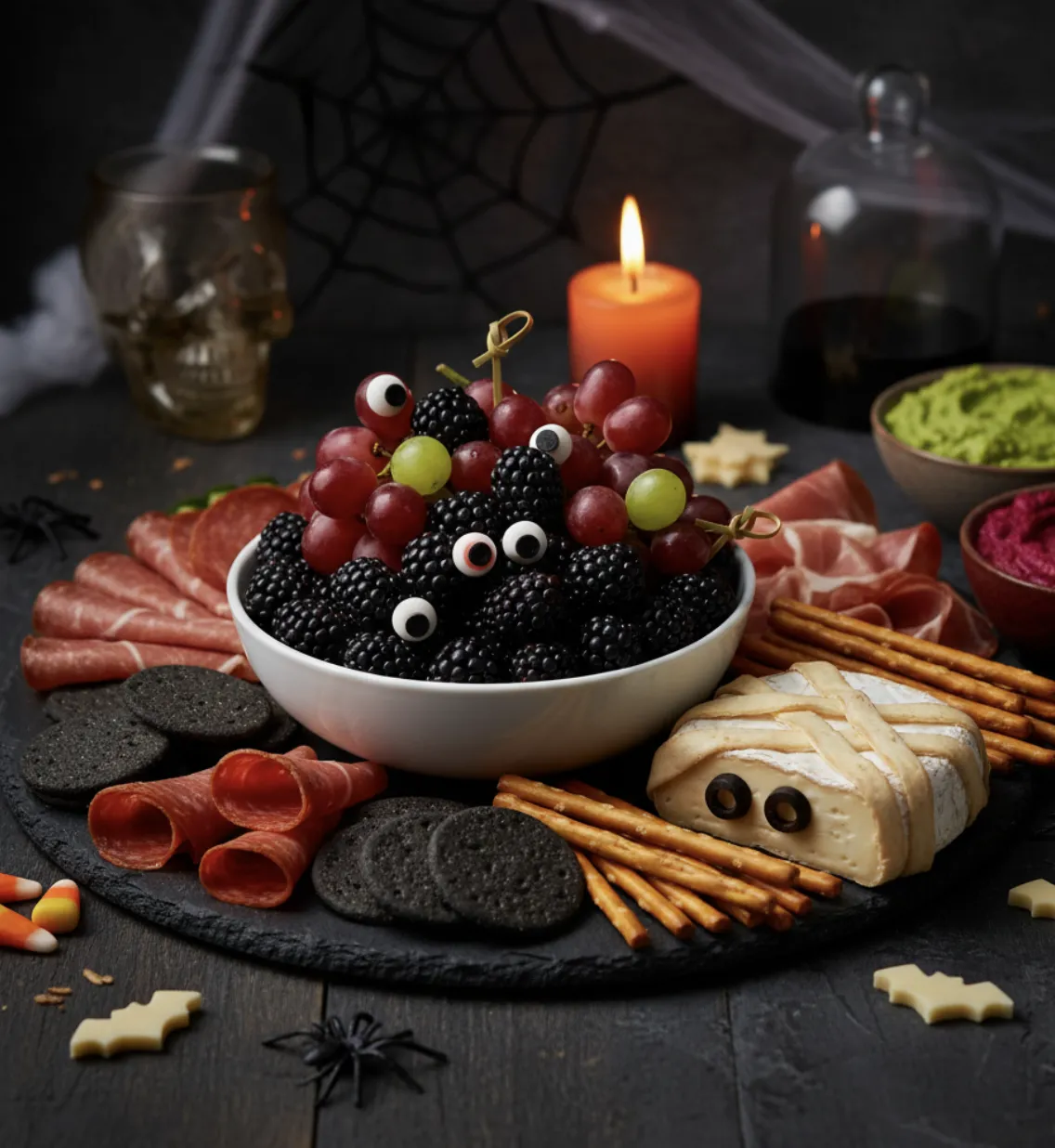 Halloween Charcuterie Board: How to Build 8 Amazing Ones 11 Black and red Halloween charcuterie board with berries
