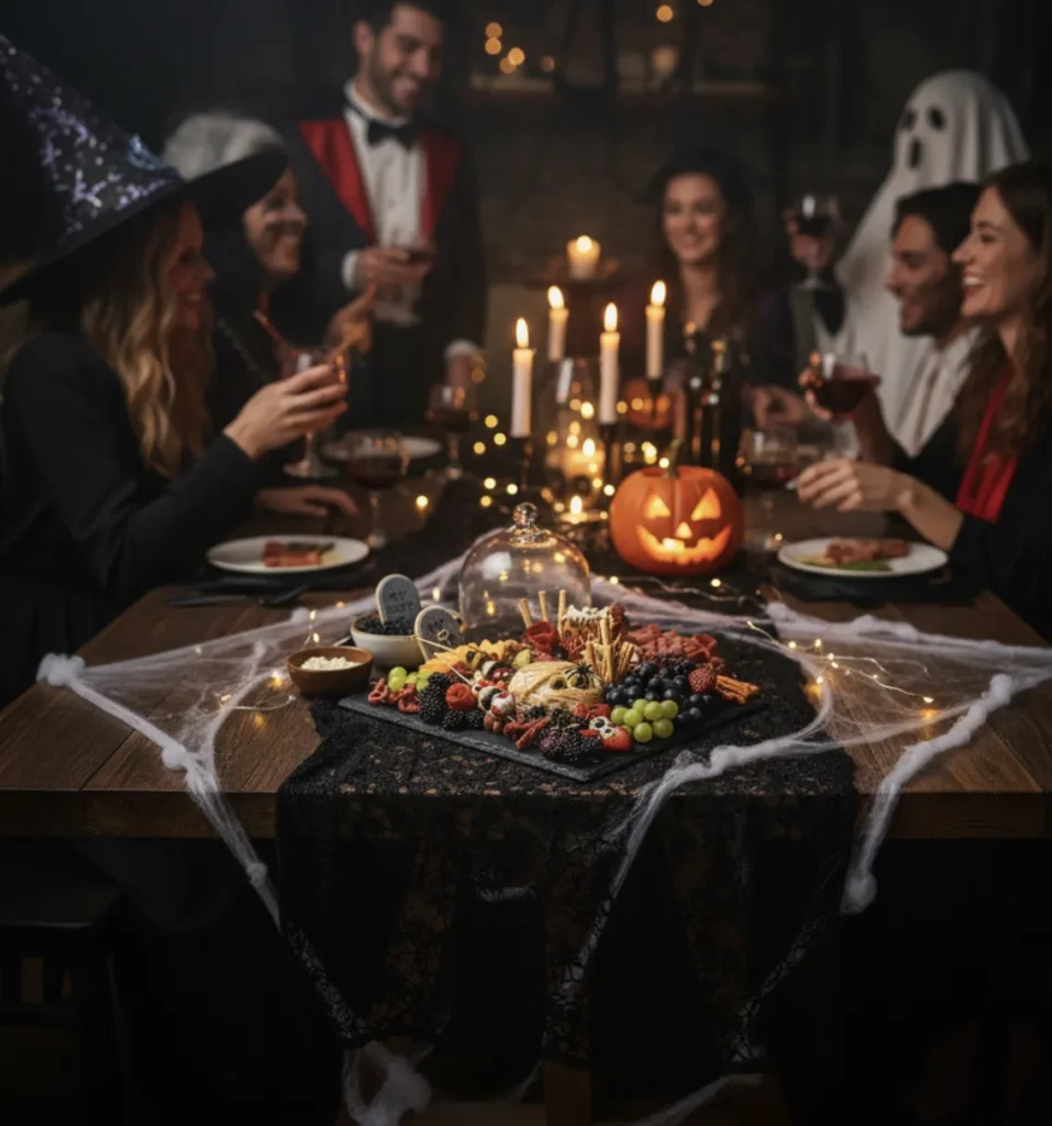 Halloween Charcuterie Board: How to Build 8 Amazing Ones 9 Halloween party with guests enjoying a decorated charcuterie board