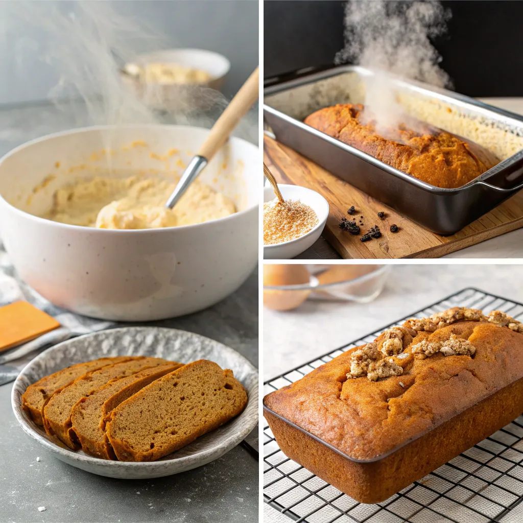 Healthy Pumpkin Bread: How To Make It With 3 Simple Swaps 6 Steps of pumpkin bread preparation and final loaf