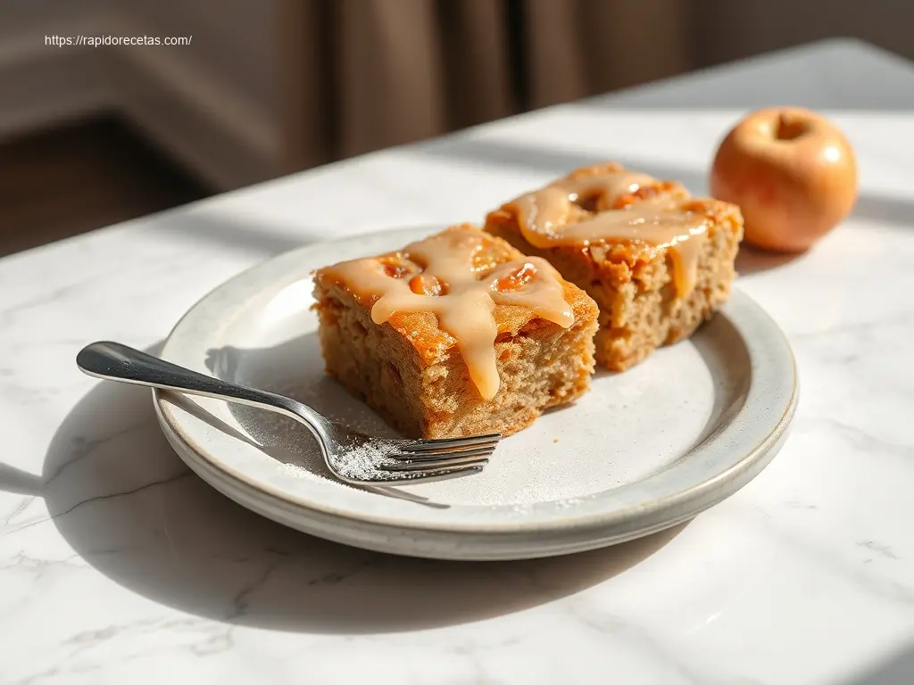 Brown Butter Apple Blondies with Glaze on a white platter