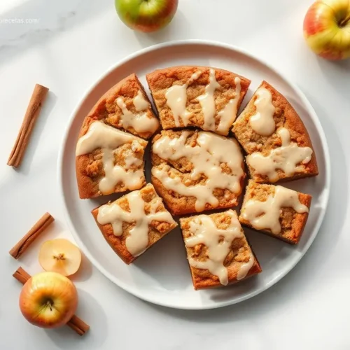 Brown Butter Apple Blondies with Glaze on a white platter