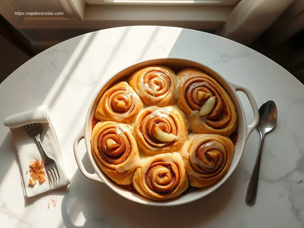 Warm Apple Cinnamon Roll Bake on white marble table