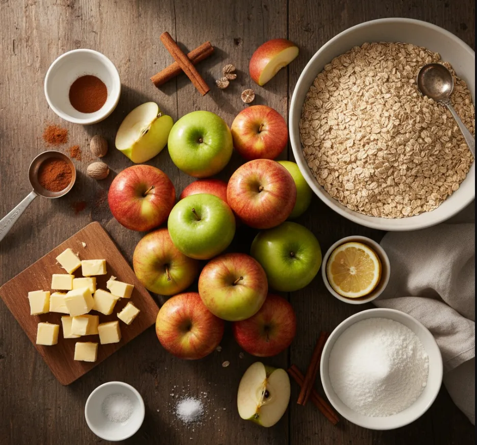 Apple Crisp: How to Make the Best Dessert 6 Fresh apples oats butter and spices arranged on a rustic table
