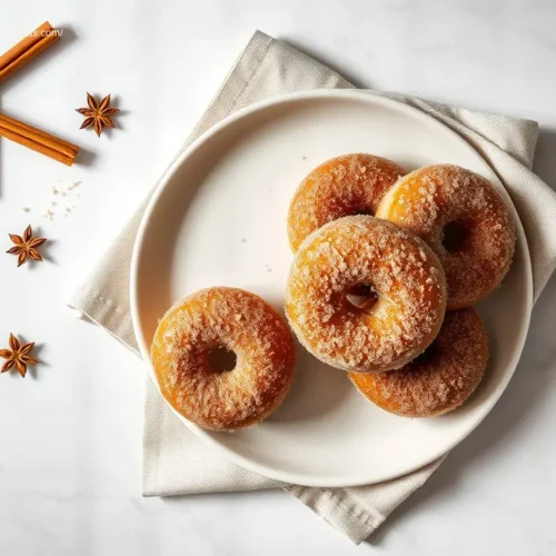 Baked brioche donuts with cinnamon sugar on a white plate
