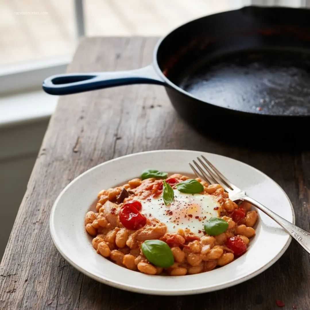 Delicious Baked Feta Eggs in a rustic dish