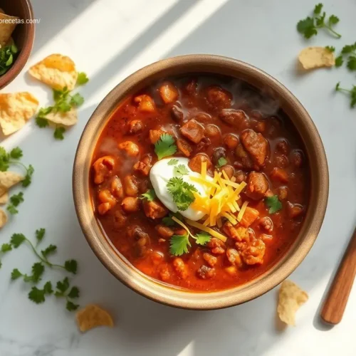 Big Batch Chicken Chili: Best 4 Ways to Serve It 2 Overhead shot of Big Batch Chicken Chili in a bowl with toppings