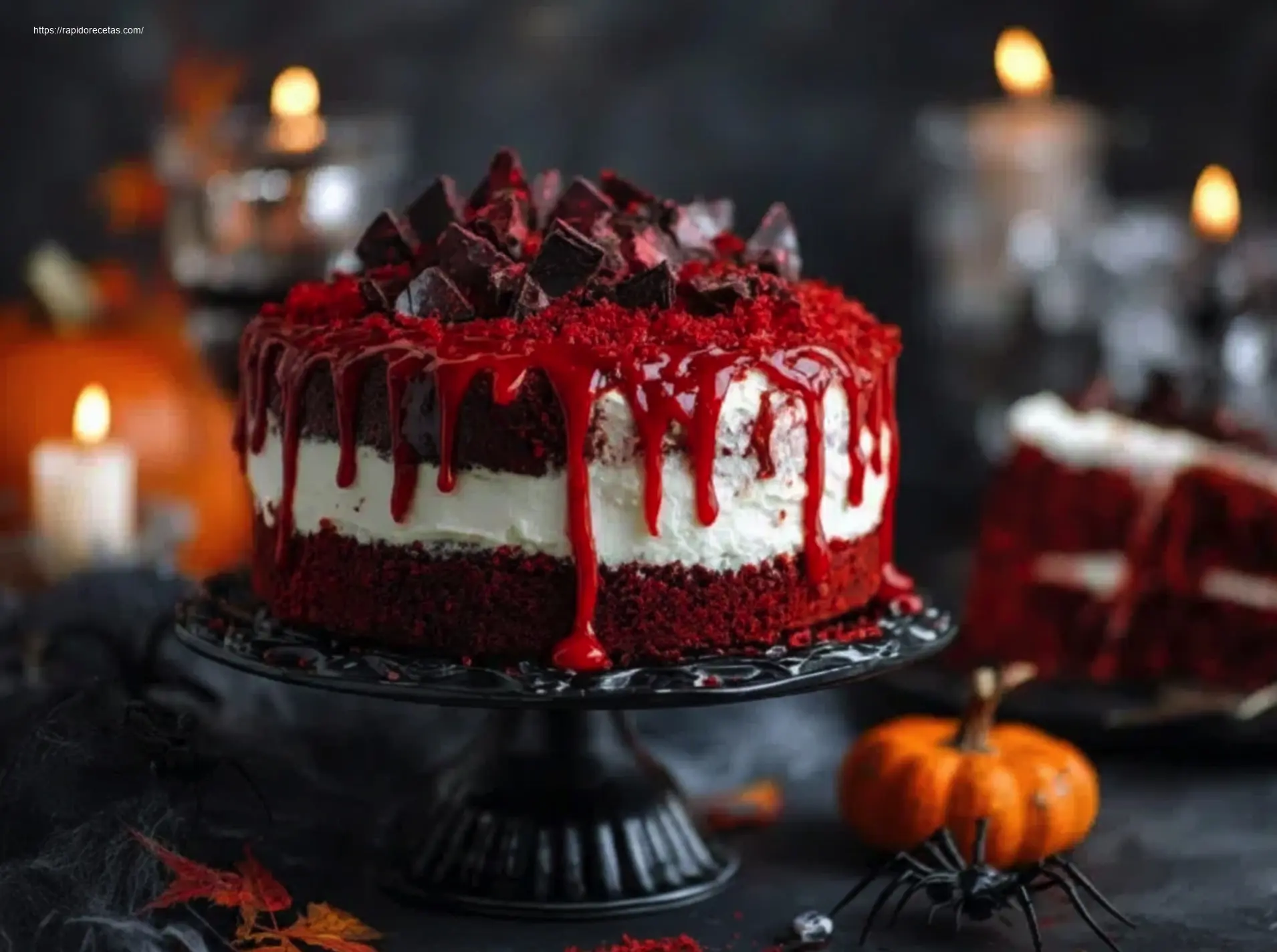 Bloody Red Velvet Cake: Why 2 Spooky Layers 3 Delicious Bloody Red Velvet Cake with blood splatter icing.