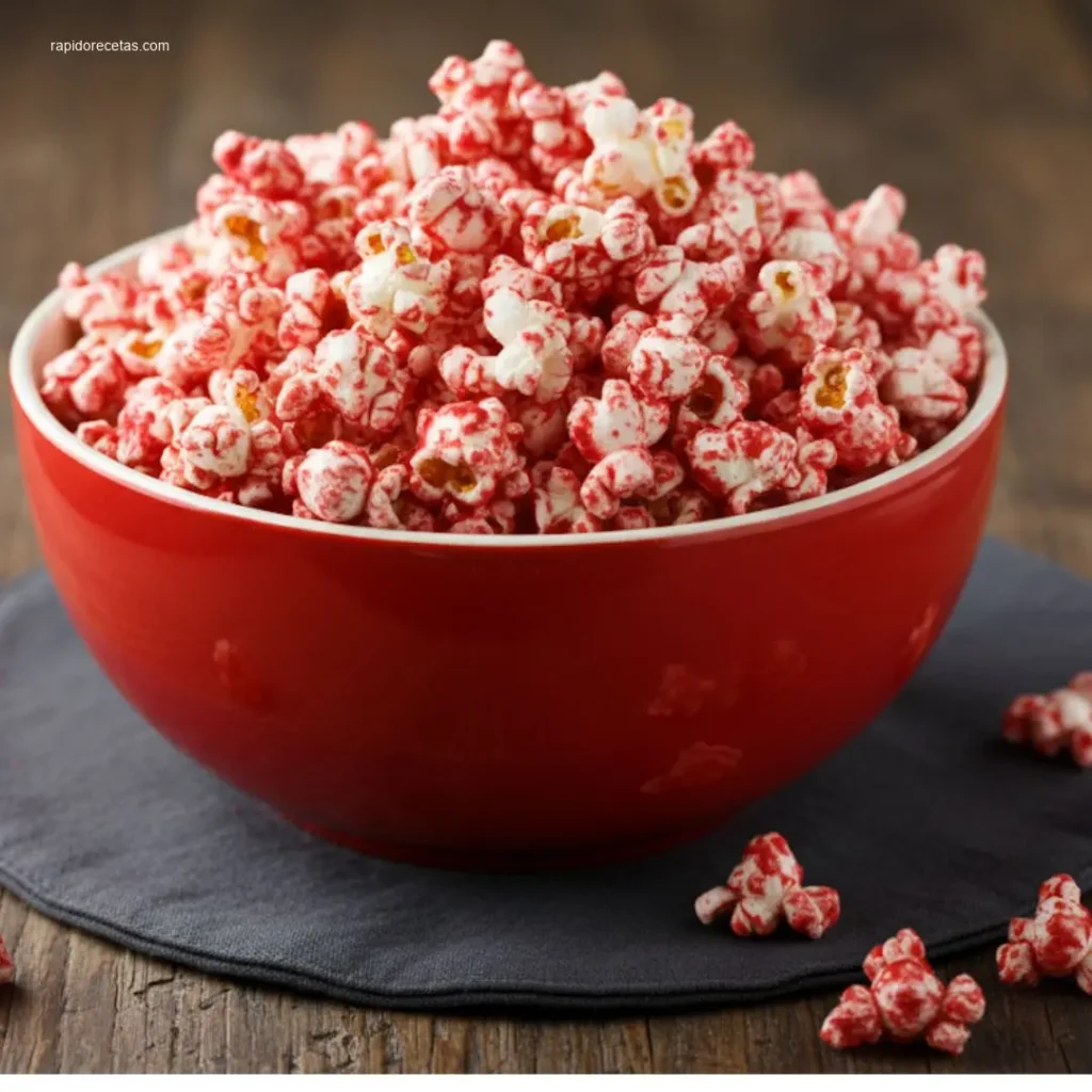 Delicious Bloody Red Velvet Popcorn ready to eat with a drink