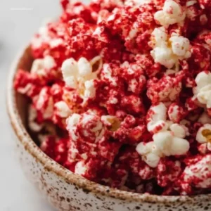 Vibrant Bloody Red Velvet Popcorn on a white platter for holidays