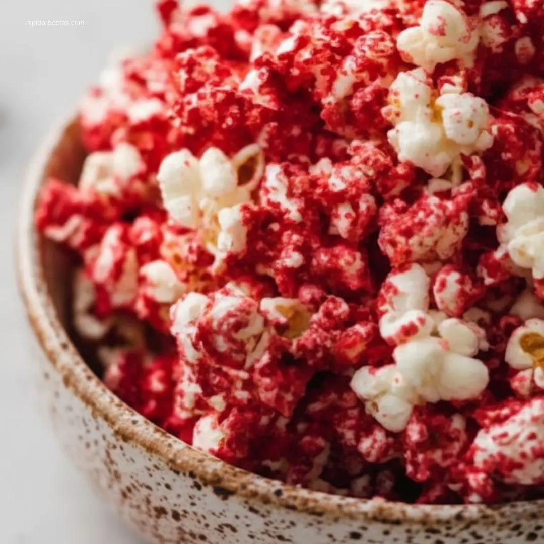 Vibrant Bloody Red Velvet Popcorn on a white platter for holidays