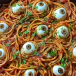 45-degree view of Bloody Spaghetti with Mozzarella Eyeballs, Halloween entree.