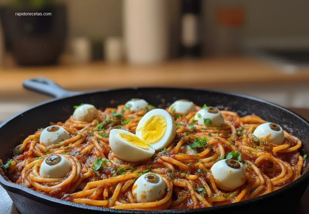 Close-up of fork lifting Bloody Spaghetti with Mozzarella Eyeballs.