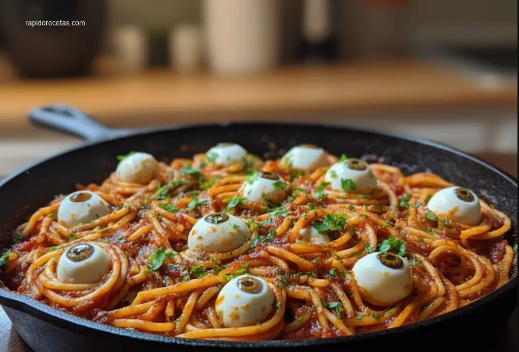 Overhead shot of Bloody Spaghetti with Mozzarella Eyeballs for Halloween.