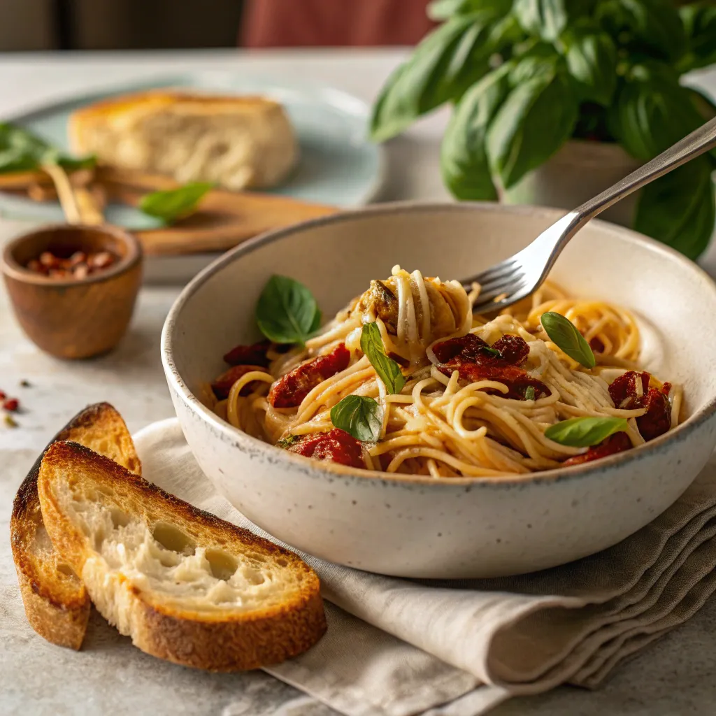 bowl of baked brie pasta with fresh basil fork t 68b84c6157226