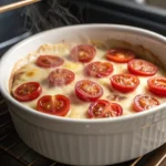 Brie and cherry tomatoes bubbling in a white baking dish