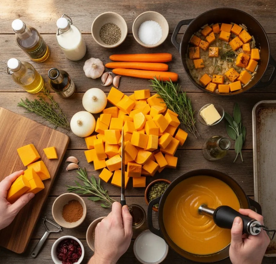 Butternut Squash Recipes: 7 Healthy Weeknight Meals 7 Steaming bowl of butternut squash soup with bread and salad