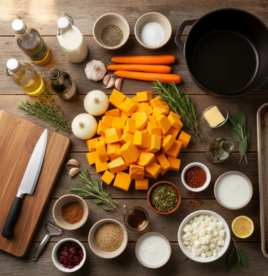 Butternut Squash Recipes: 7 Healthy Weeknight Meals 6 Butternut squash soup ingredients laid out on a wooden table