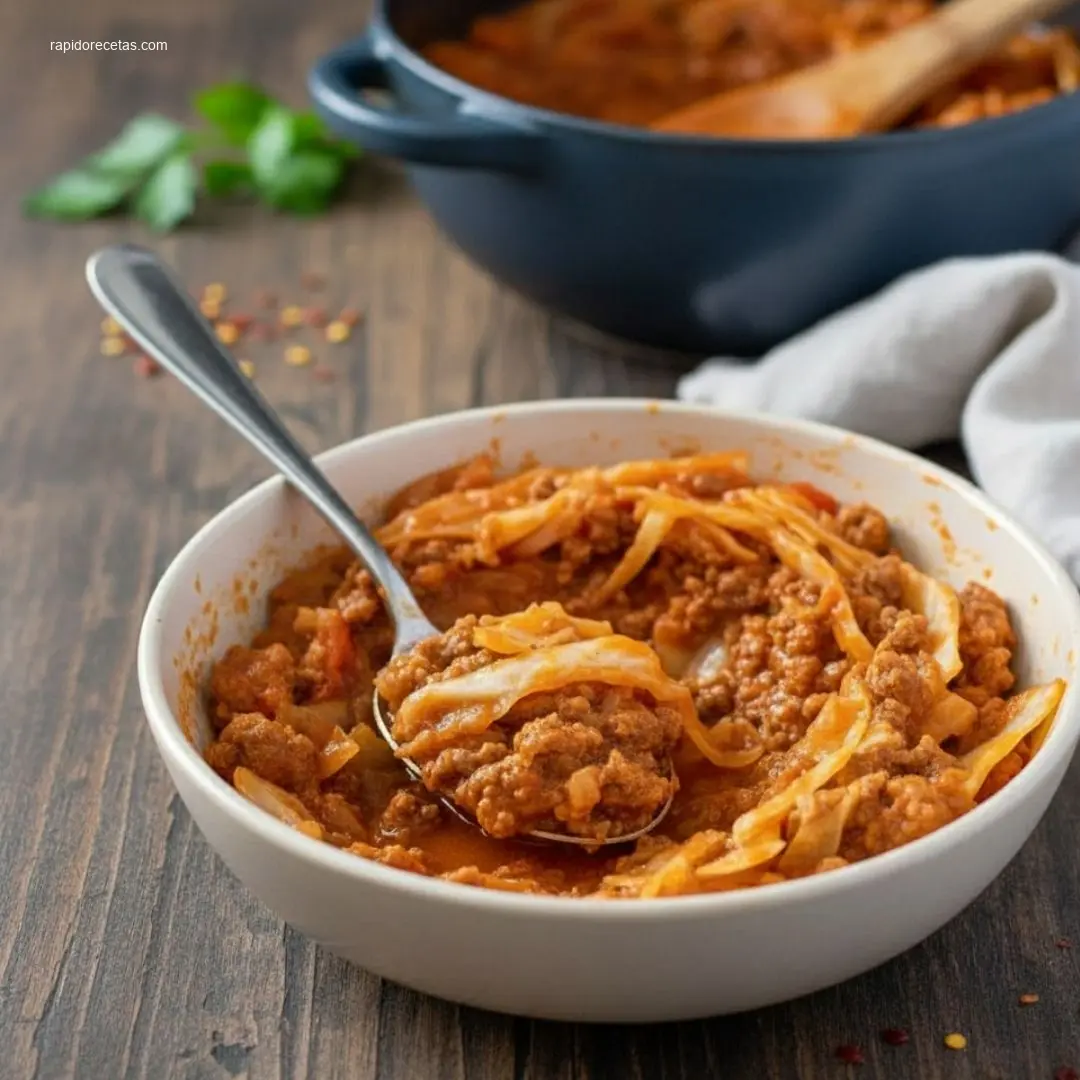 Spoon lifting Slow Cooker Unstuffed Cabbage Rolls from pot