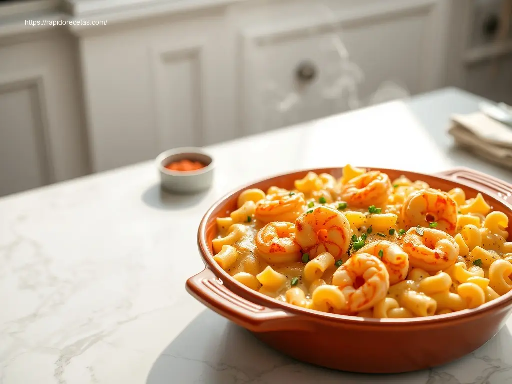 Delicious Cajun Shrimp Mac and Cheese flatlay on marble table