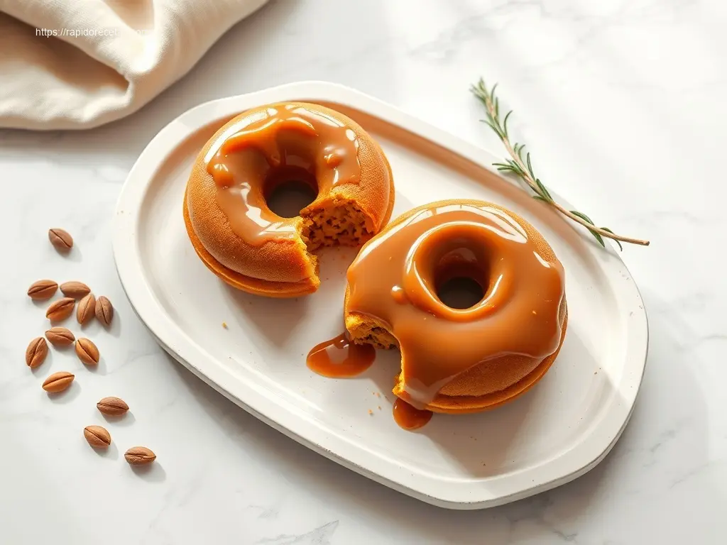 Caramel Pumpkin Spice Donuts artfully arranged with caramel sauce