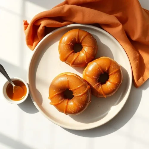Caramel Pumpkin Spice Donuts artfully arranged with caramel sauce