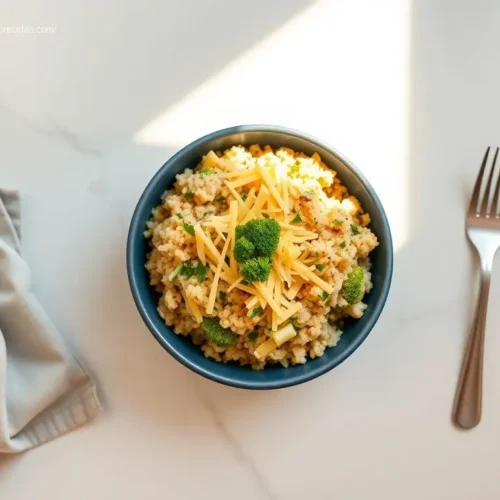 Delicious Kid-Friendly Cheesy Chicken Broccoli Rice in a blue bowl