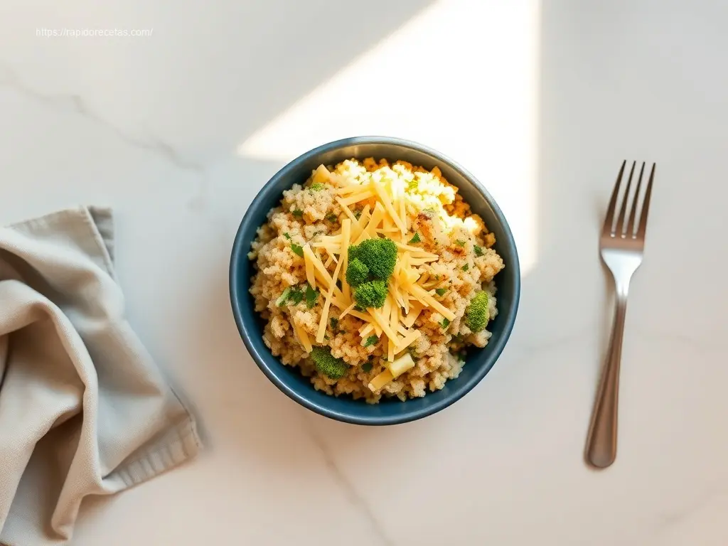 Delicious Kid-Friendly Cheesy Chicken Broccoli Rice in a blue bowl