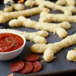Warm Cheesy Halloween Breadstick Bones on a plate with steam