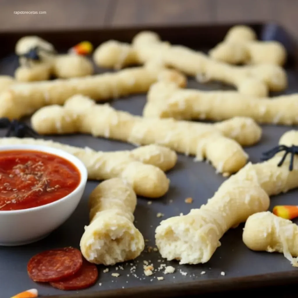Hand pulling apart a Cheesy Halloween Breadstick Bone close up